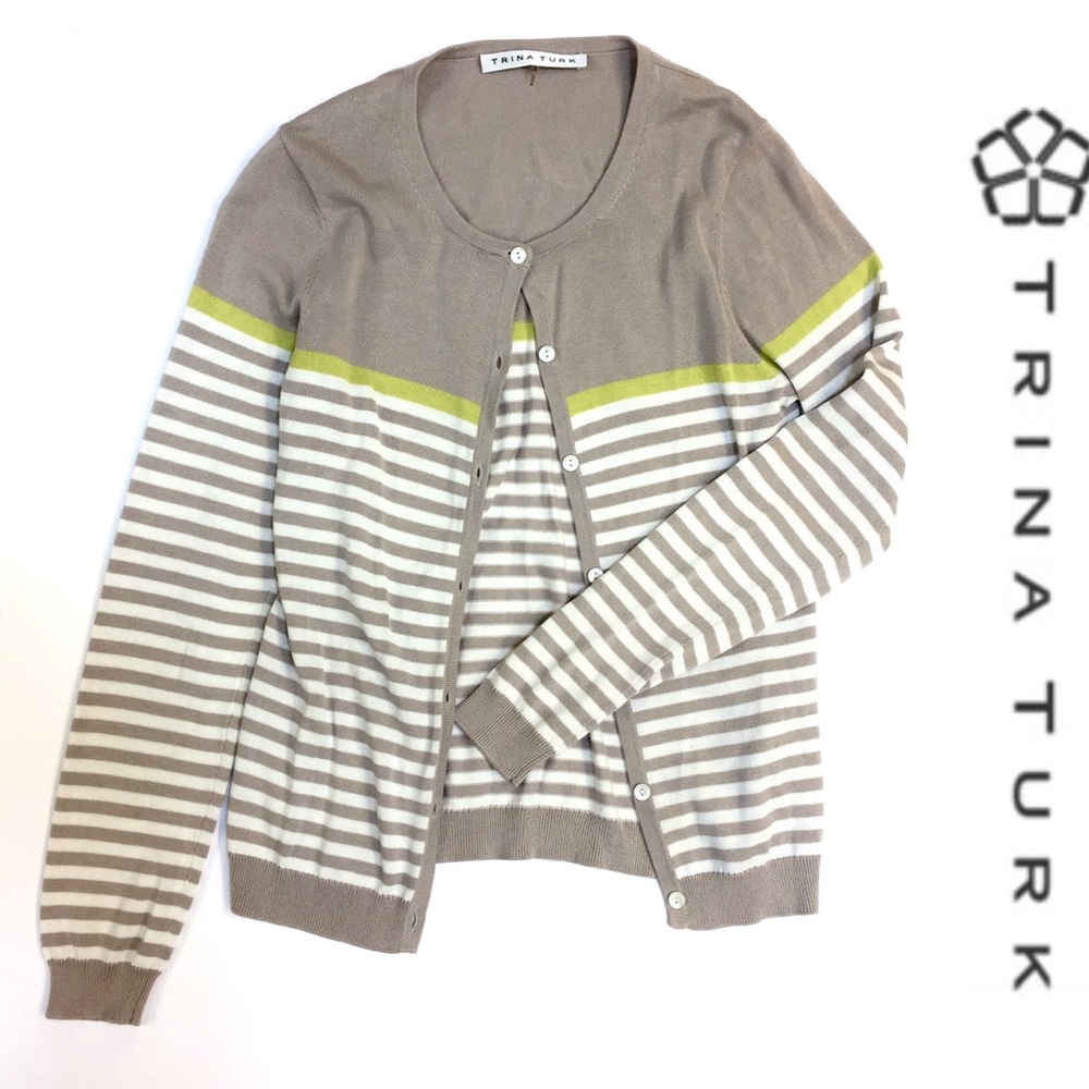 Trina Turk | Beige White & Yellow Striped Cardigan